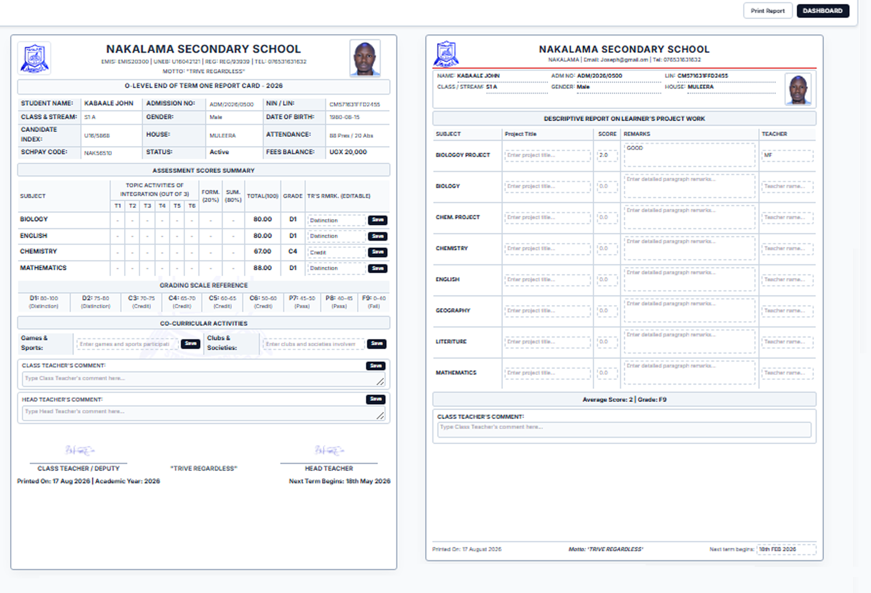 Nakalama Secondary School Report Card Sample